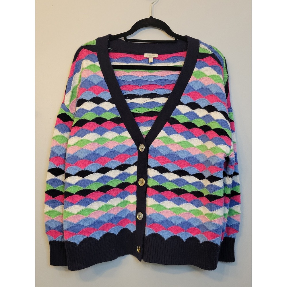 Talbots Scallop Stripe V-Neck Cardigan Sweater 1X Multicolor Wave Knit Plus